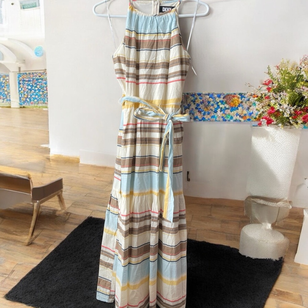 DKNY NWOT Blue Tan Sleeveless Halter Maxi Sundress